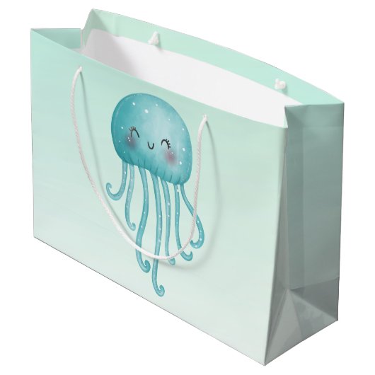 可愛いおもしろい青緑色クラゲ ラージペーパーバッグ (裏面アングル)