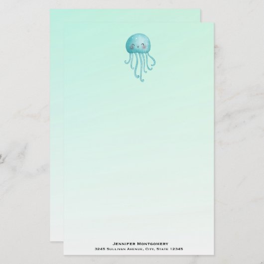 可愛いおもしろい青緑色クラゲ 便箋 (正面/裏面)