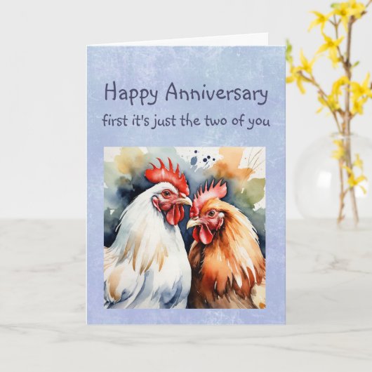 可愛いおもしろい鶏を願う記念日おめでとう カード (黄色い花)