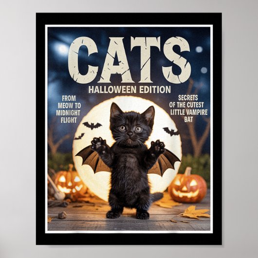 可愛いおもしろい黒猫こうもり衣装ハロウィンジン ポスター (正面)