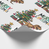 可愛いおもしろいTレックスとクリスマスツリー ラッピングペーパー (角)