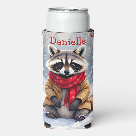 可愛いお洒落アライグマパーソナライズされたクリスマス スリム缶クーラー (Seltzer正面)