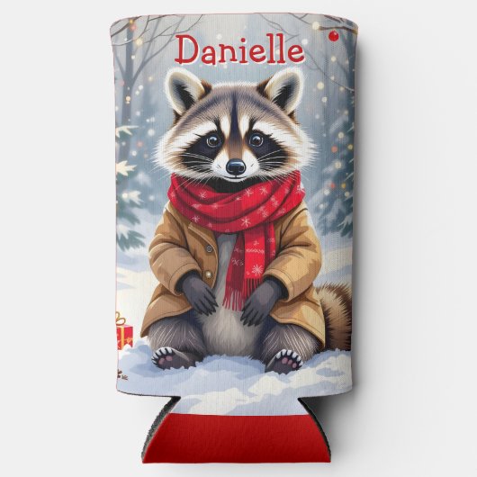 可愛いお洒落アライグマパーソナライズされたクリスマス スリム缶クーラー (正面)