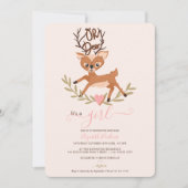 可愛いお洒落ウッドランドの葉ああ鹿の赤ちゃんシャワー 招待状 (正面)