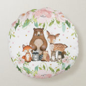 可愛いお洒落ウッドランド動物ピンク赤面フローラ ラウンドクッション (裏面)