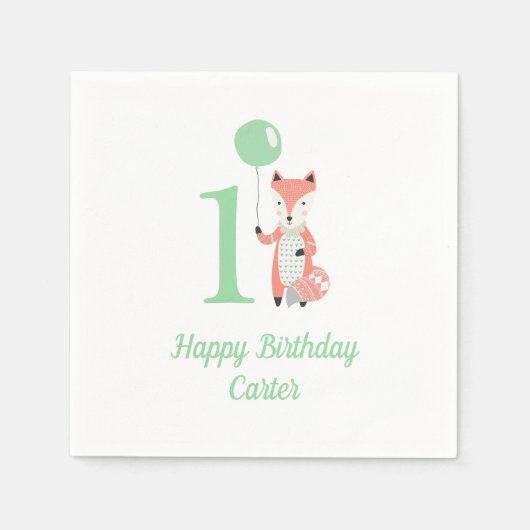 可愛いお洒落キツネ&バルーングリーン第1誕生日 スタンダードカクテルナプキン (正面)