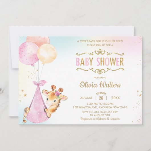 可愛いお洒落キリン風船ベビーシャワーガール 招待状 (正面)