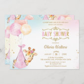 可愛いお洒落キリン風船ベビーシャワーガール 招待状 (正面/裏面)