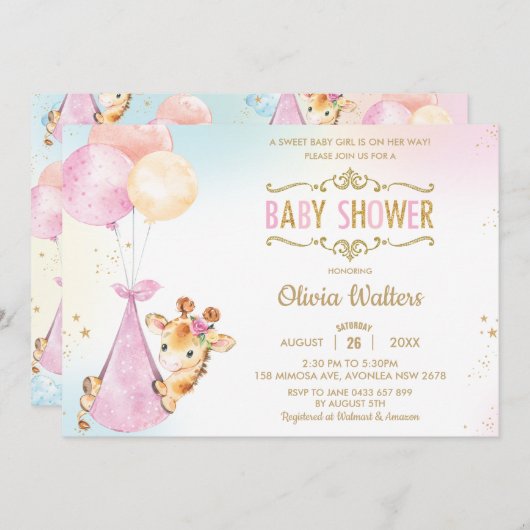 可愛いお洒落キリン風船ベビーシャワーガール 招待状 (正面/裏面)