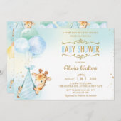 可愛いお洒落キリン風船ベビーシャワーボーイ 招待状 (正面/裏面)