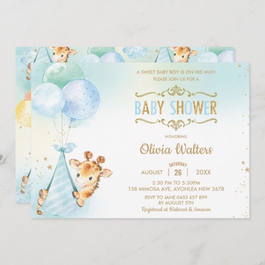可愛いお洒落キリン風船ベビーシャワーボーイ 招待状 (正面/裏面)