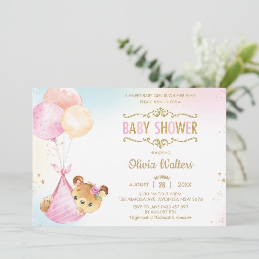 可愛いお洒落クマの風船ベビーシャワーガール 招待状 (スタンド正面)