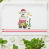 可愛いお洒落クリスマス牛 キッチンタオル (折り畳み)