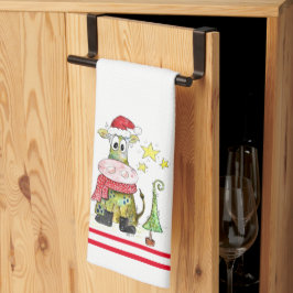 可愛いお洒落クリスマス牛 キッチンタオル
