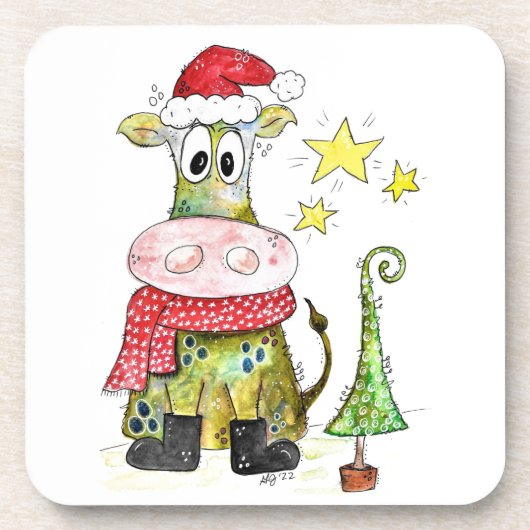 可愛いお洒落クリスマス牛 コースター (正面)