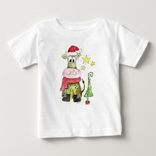 可愛いお洒落クリスマス牛 ベビーTシャツ (正面)