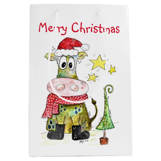 可愛いお洒落クリスマス牛 ミディアムペーパーバッグ (正面)