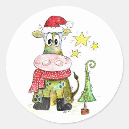 可愛いお洒落クリスマス牛 ラウンドシール