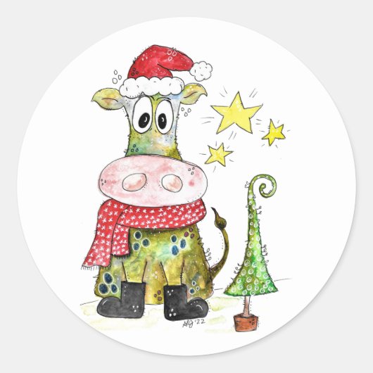 可愛いお洒落クリスマス牛 ラウンドシール (正面)