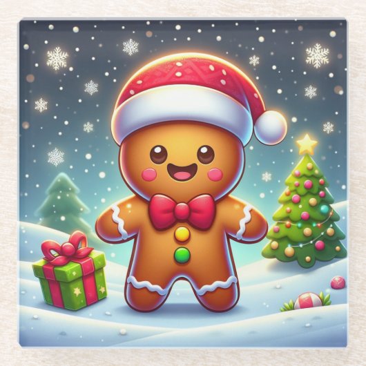 可愛いお洒落クリスマス/冬ジンジャーブレッドマン ガラスコースター (正面)