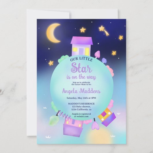 可愛いお洒落サンシャインスターとムーンベイビーシャワー 招待状 (正面)