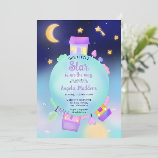 可愛いお洒落サンシャインスターとムーンベイビーシャワー 招待状 (スタンド正面)