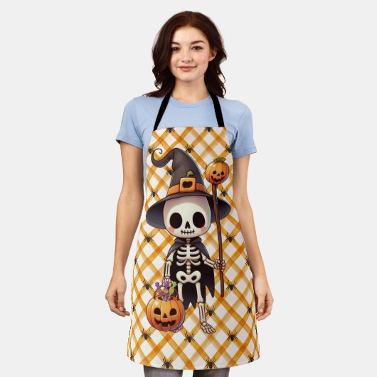 可愛いお洒落ハロウィーンの骨格 エプロン (着用した状態)