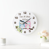 可愛いお洒落ピンクブルーフクロウ双子の壁時計 ラージ壁時計 (ホーム)