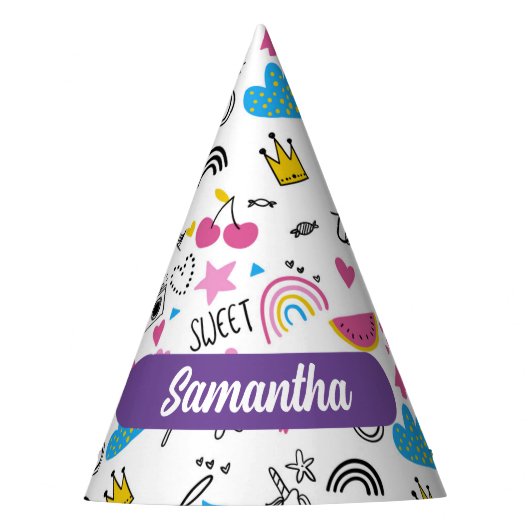 可愛いお洒落ファーストネームUnicornレインボーパターン パーティーハット (正面)