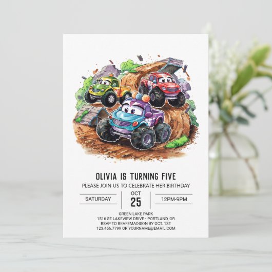 可愛いお洒落モンスタートラック誕生日 招待状 (スタンド正面)