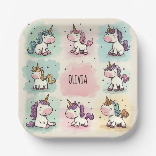 可愛いお洒落ユニコーン ペーパープレート (正面)