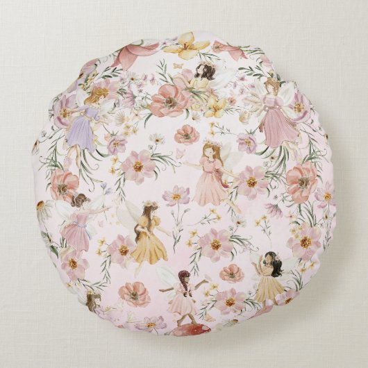 可愛いお洒落妖精の山花園牧草地 ラウンドクッション (裏面)