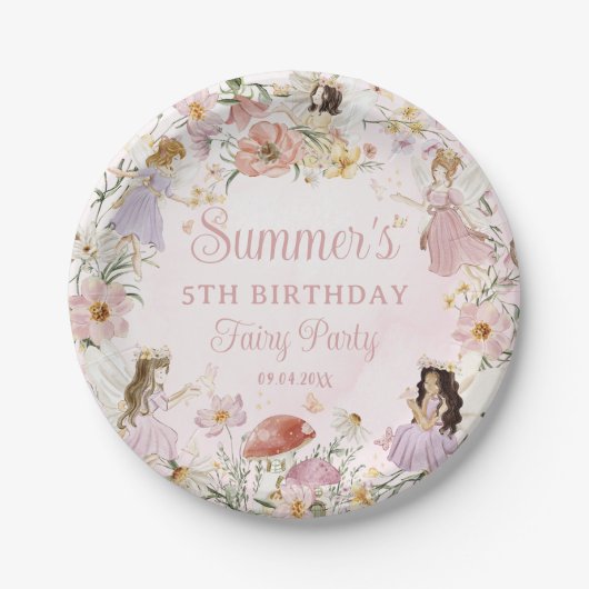 可愛いお洒落妖精誕生日山花草原 ペーパープレート (正面)