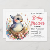 可愛いお洒落森の鳥の赤ちゃんシャワー 招待状 (正面/裏面)