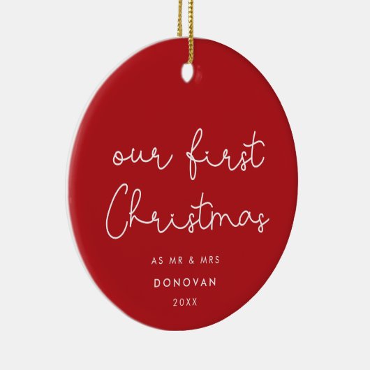可愛いお洒落私たちの初めてのクリスマス赤い写真 セラミックオーナメント (右)