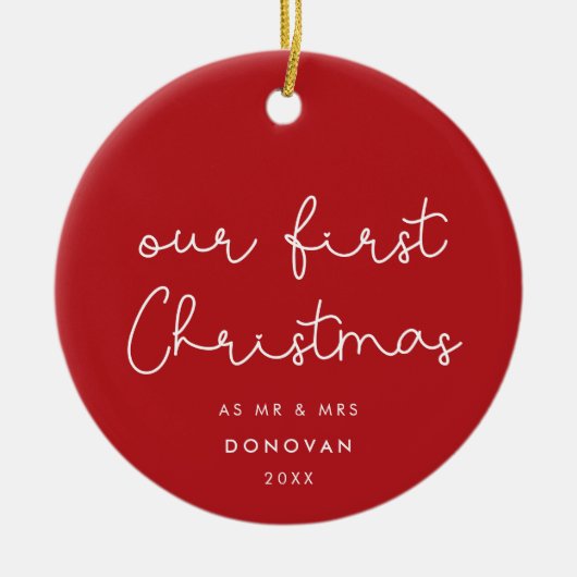 可愛いお洒落私たちの初めてのクリスマス赤い写真 セラミックオーナメント (正面)