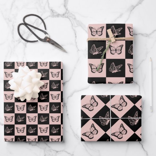 可愛いお洒落黒とピンクの蝶のパターン ラッピングペーパーシート (正面)