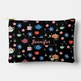可愛いお茶のポットと名前をカスタムする付きカップ アクセサリーポーチ