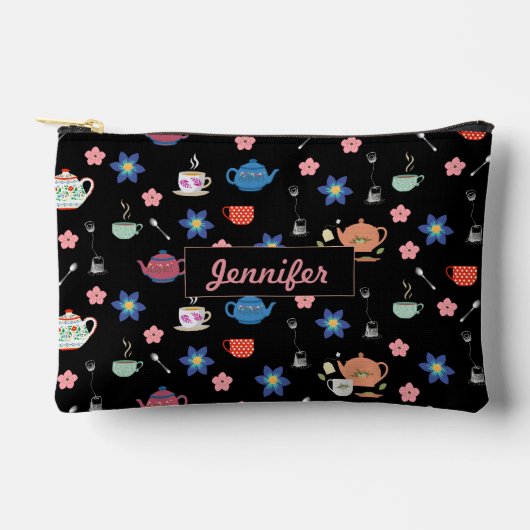 可愛いお茶のポットと名前をカスタムする付きカップ アクセサリーポーチ (正面)