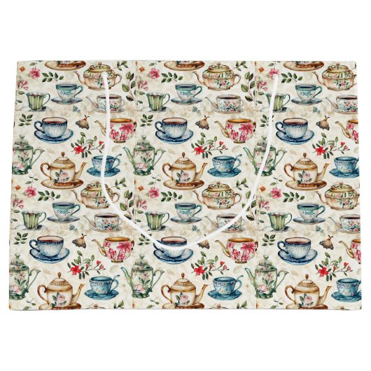 可愛いお茶パーティータイル模様 ラージペーパーバッグ (正面)