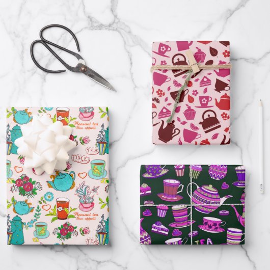 可愛いお茶パーティー柄ラッピング紙シート ラッピングペーパーシート (正面)