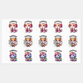 可愛いかわいいアクソロトルとバブルティーパーソナライズされた キッズラベル