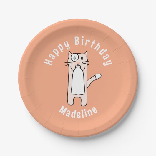 可愛いかわいいキャットカートゥーパーソナライズされたおもしろい誕生日 ペーパープレート (正面)