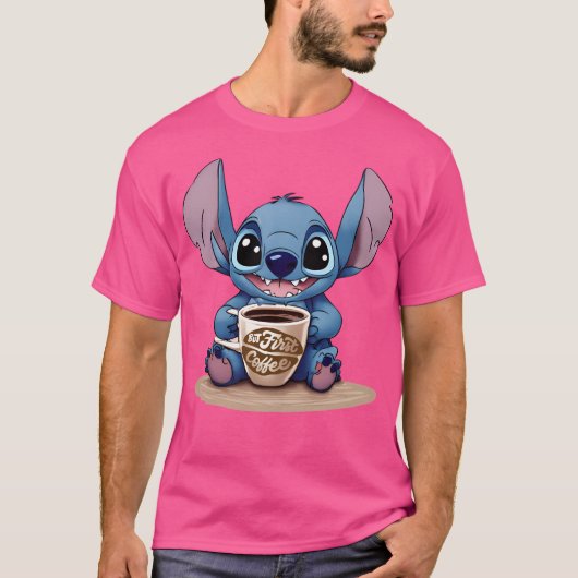 可愛いかわいいステッチとコーヒー Tシャツ (正面)