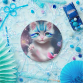 可愛いかわいいストライプのベビーピンクとブルー猫の子猫 ペーパープレート (パーティー)