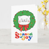 可愛いかわいいネコのクリスマスリースの季節の喜び カード (黄色い花)