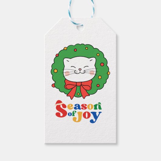 可愛いかわいいネコのクリスマスリースの季節の喜び ギフトタグ (正面)