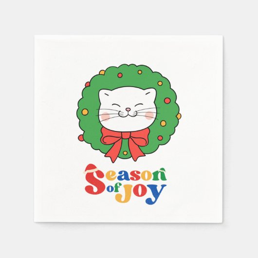 可愛いかわいいネコのクリスマスリースの季節の喜び スタンダードカクテルナプキン (正面)