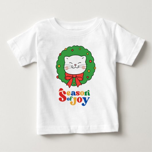 可愛いかわいいネコのクリスマスリースの季節の喜び ベビーTシャツ (正面)