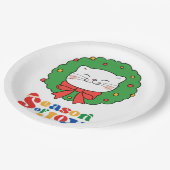 可愛いかわいいネコのクリスマスリースの季節の喜び ペーパープレート (アングル)